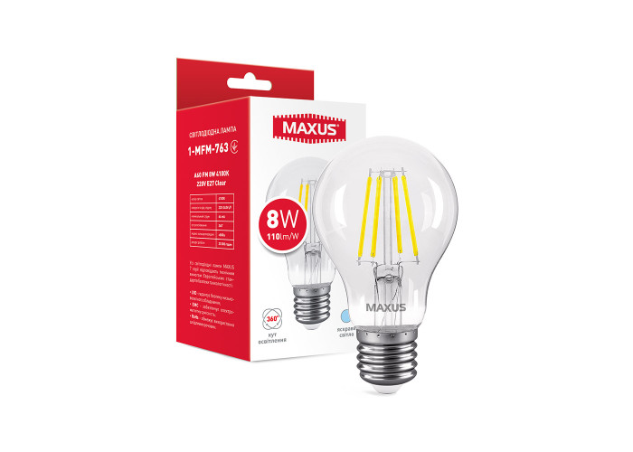Лампа світлодіодна філаментна MAXUS A60 FM 8W 4100K 220V E27 Clear