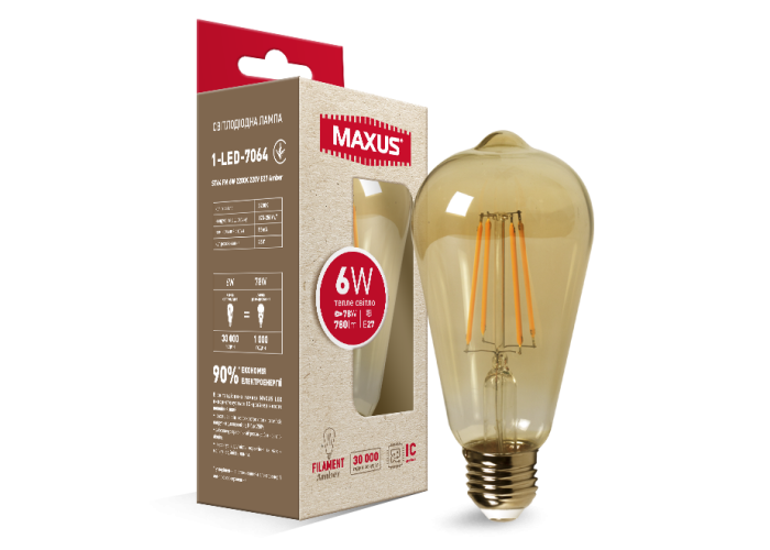 Лампа світлодіодна філаментна MAXUS арт деко ST64 7W 2200K E27 Amber