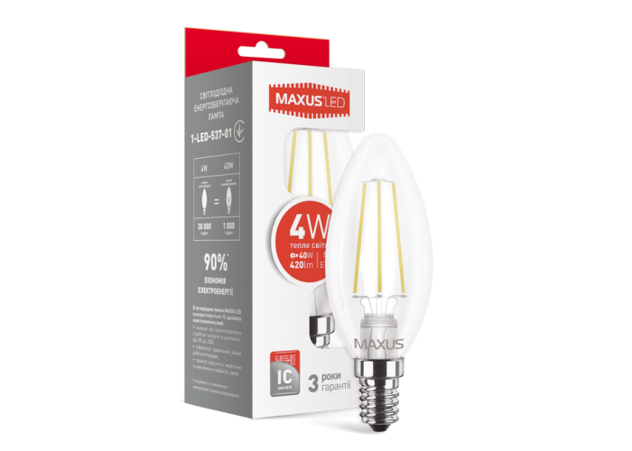 Лампа світлодіодна філаментна MAXUS, C37, 4W, тепле світло, E14 (1-LED-537-01)