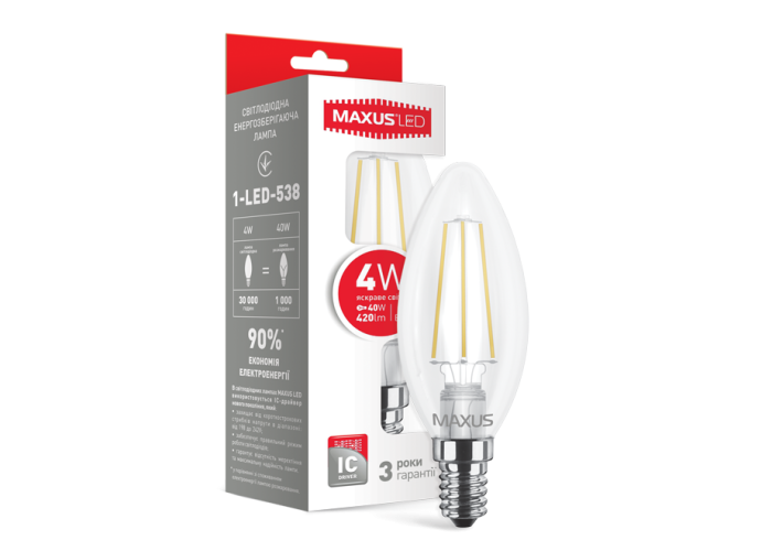 Лампа світлодіодна філаментна MAXUS, C37, 4W, яскраве світло, E14 (1-LED-538-01)