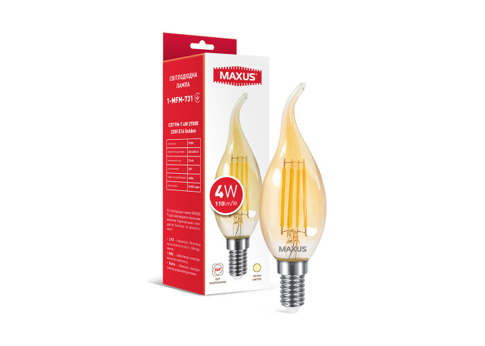 Світлодіодна лампа розжарювання MAXUS C37 FM-T 4W 2700K 220V E14 Golden