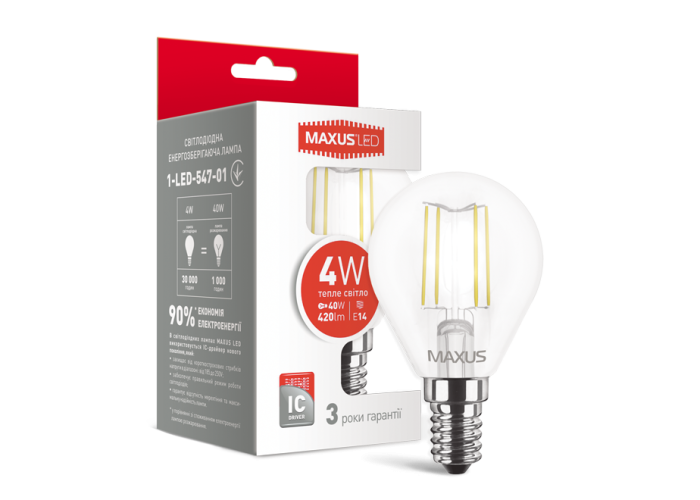 Лампа світлодіодна філаментна MAXUS, G45, 4W, тепле світло, E14 (1-LED-547-01)