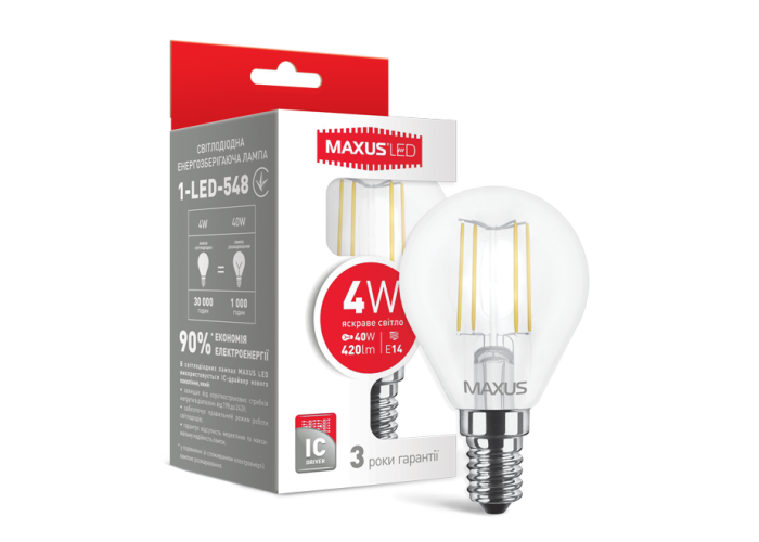 Лампа світлодіодна філаментна MAXUS, G45, 4W, яскраве світло, E14 (1-LED-548)