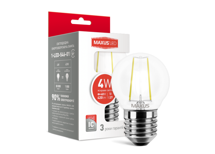 Лампа світлодіодна філаментна MAXUS, G45, 4W, яскраве світло, E27 (1-LED-546-01)