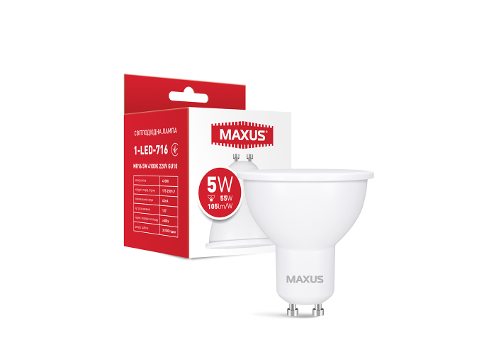 Лампа світлодіодна MAXUS 1-LED-716 MR16 5W 4100K 220V GU10