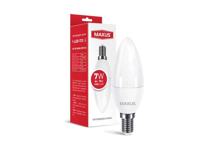 Лампа світлодіодна MAXUS 1-LED-733 C37 7W 3000K 220V E14