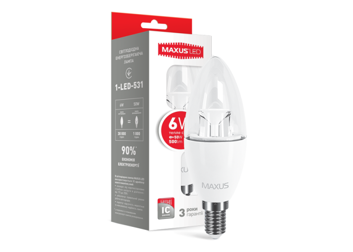 LED лампа MAXUS C37 6W тепле світло E14 (1-LED-531)
