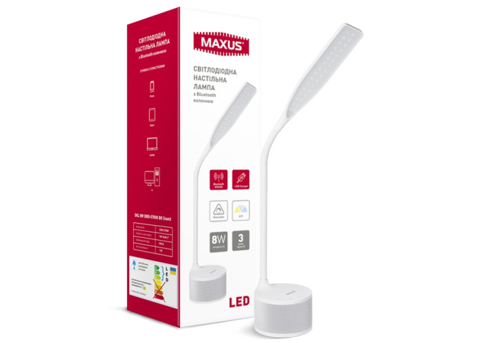 Розумна настільна лампа MAXUS DKL 8W (звук, USB, димінг, температура) біла