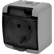 Розетка 1-на з з/к Schuko RHE-1sd-SR (сіра/прозора кришка, IP54)