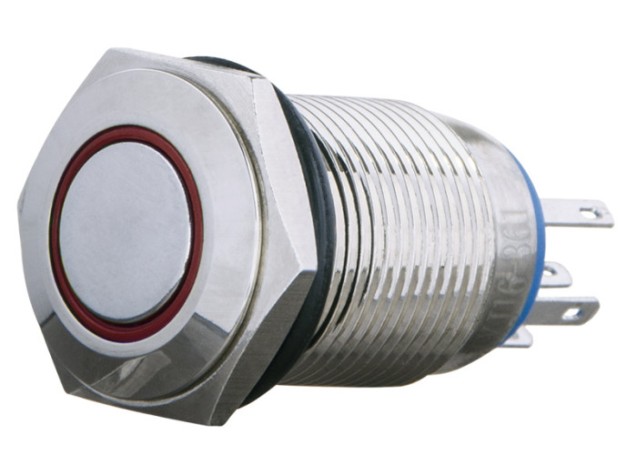 TYJ 16-361 Кнопка металева пласка з фіксац. 1NO+1NC, з підсвічуванням, червона 220V.