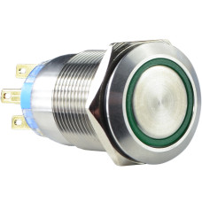 TYJ 19-272 Кнопка металлическая плоская с подсветкой, 2NO+2NC, зеленая 220V.