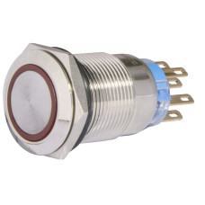 TYJ 19-372 Кнопка металлическая плоская с фиксацией. 2NO+2NC, с подсветкой, красная 220V.