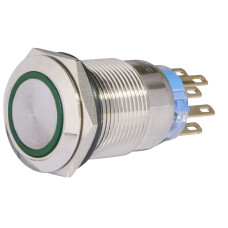 TYJ 19-372 Кнопка металлическая плоская с фиксацией. 2NO+2NC, с подсветкой, зеленая 220V.