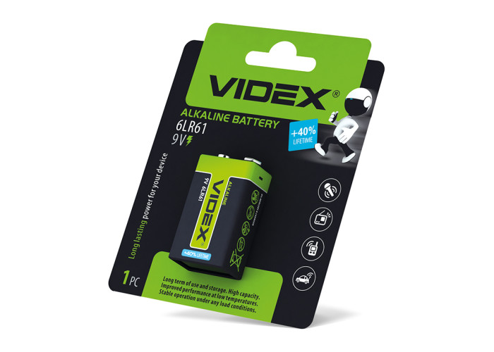 Батарейка лужна Videx 6LR61/9V (Крона) 1шт BLISTER