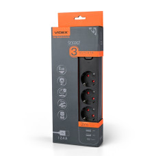 Сетевой удлинитель VIDEX ONCORD с/с 3п 3м (3x1.5мм) 2.4А 2USB+USB-C с кнопкой Black