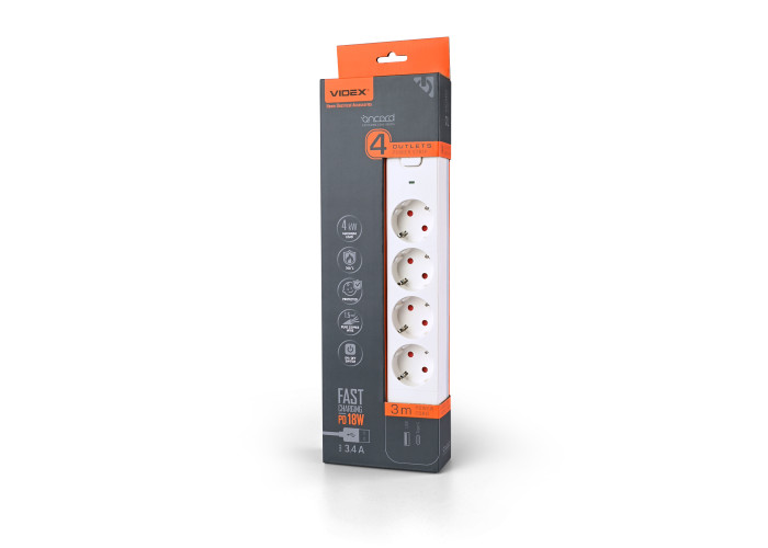 Мережевий подовжувач VIDEX ONCORD з/з 4п 3м (3x1.5мм) 3.4А USB(QC3.0) +USB-C(PD18W) з кнопкою White