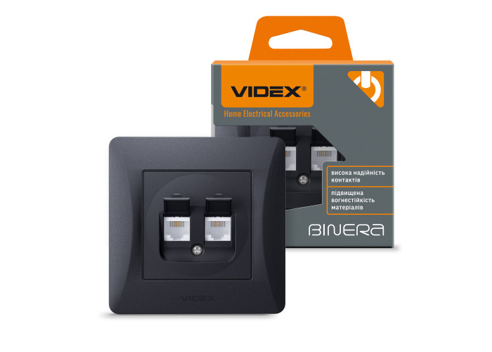 Розетка CAT3+CAT3 подвійна телефонна чорний графіт VIDEX BINERA
