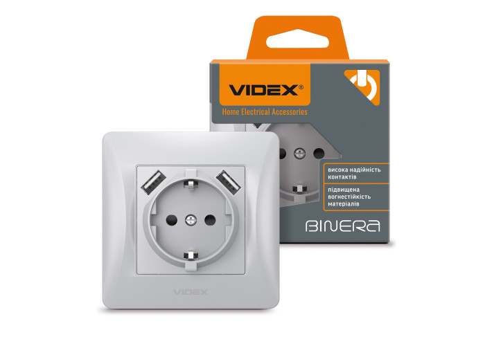 Розетка одинарна із заземленням та 2USB срібний шовк VIDEX BINERA